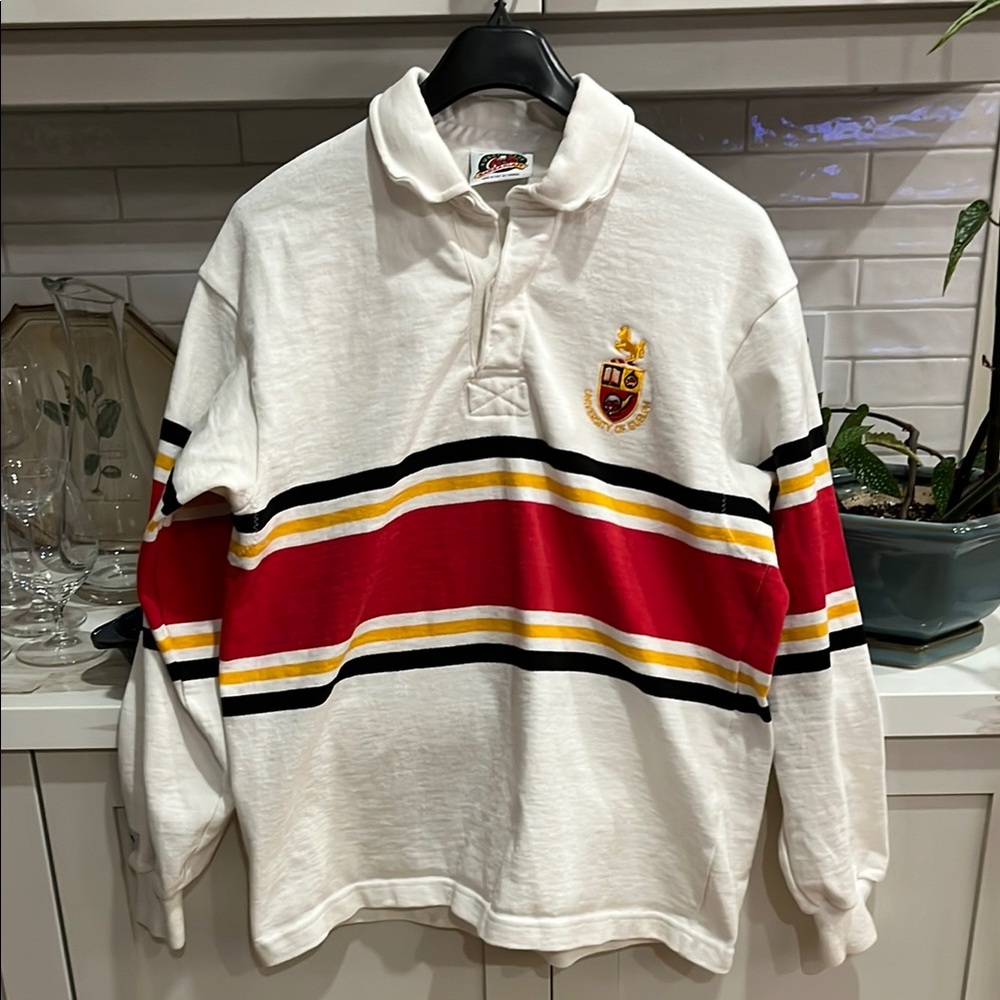 White Rugby-Style Pullover with Red, Yellow & Black Stripes